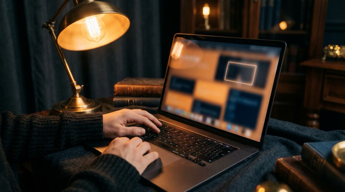 Barrierefreie Website: Hände bedienen einen Laptop per Tastatur, auf dem Bildschirm eine aufgeräumte Oberfläche mit sichtbarem Fokusrahmen